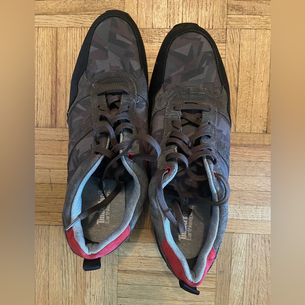 Worn once Timberland sneakers; Camouflage canvas/black + gray leather; 13 M
